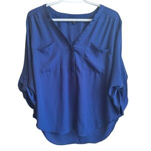Torrid Harper Blouse Blue Sz: 10-12 Button Front Roll Tab Sleeve Top flowy loose